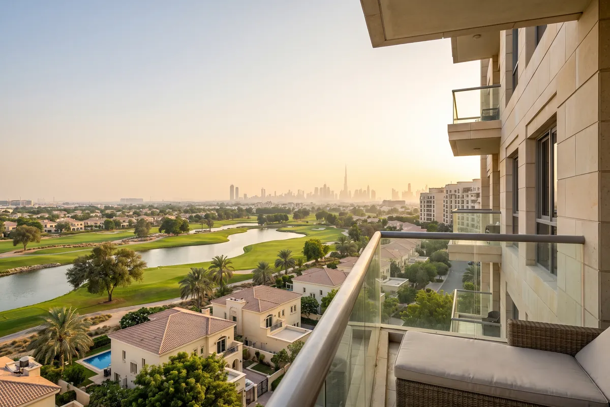 Illustration of the Jumeirah Golf Estates fairways and lakes seen from a Lawncrest balcony