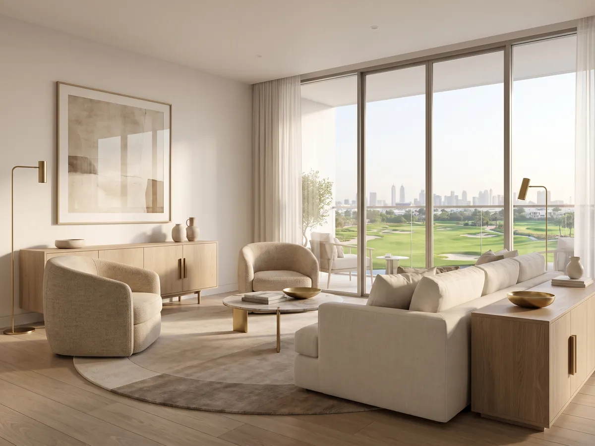 Illustration of a living room opening onto the golf course