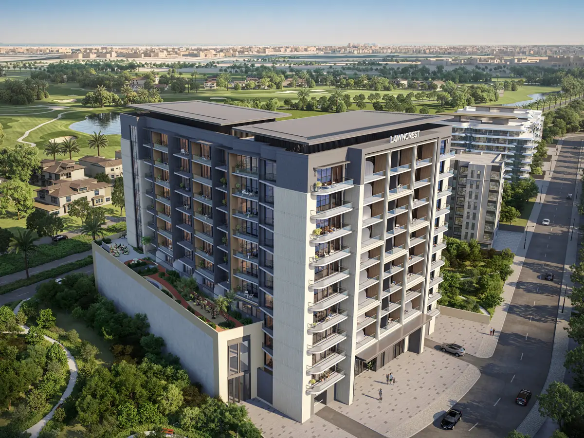 Developer visual: Lawncrest from the air, on the edge of the Jumeirah Golf Estates greens