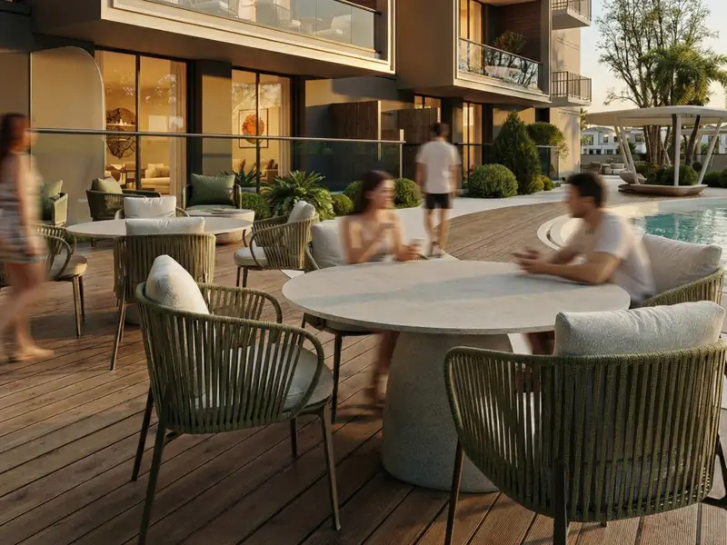 Developer visual: outdoor dining by the pool