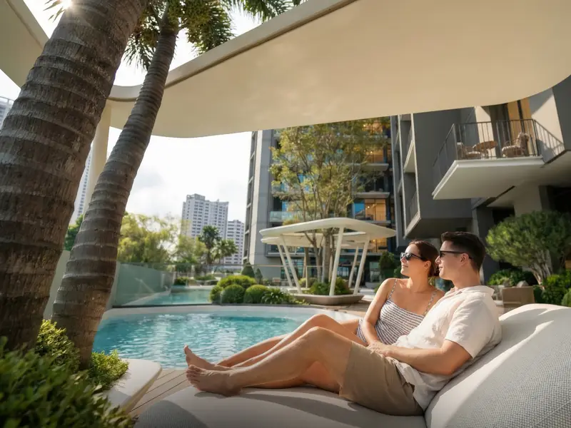 Developer visual: pool and shaded cabanas