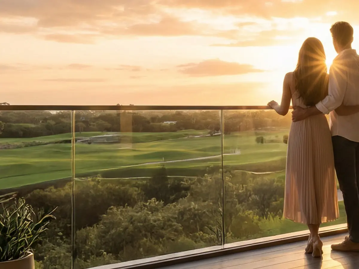 Developer visual: balcony view over the fairways at sunrise