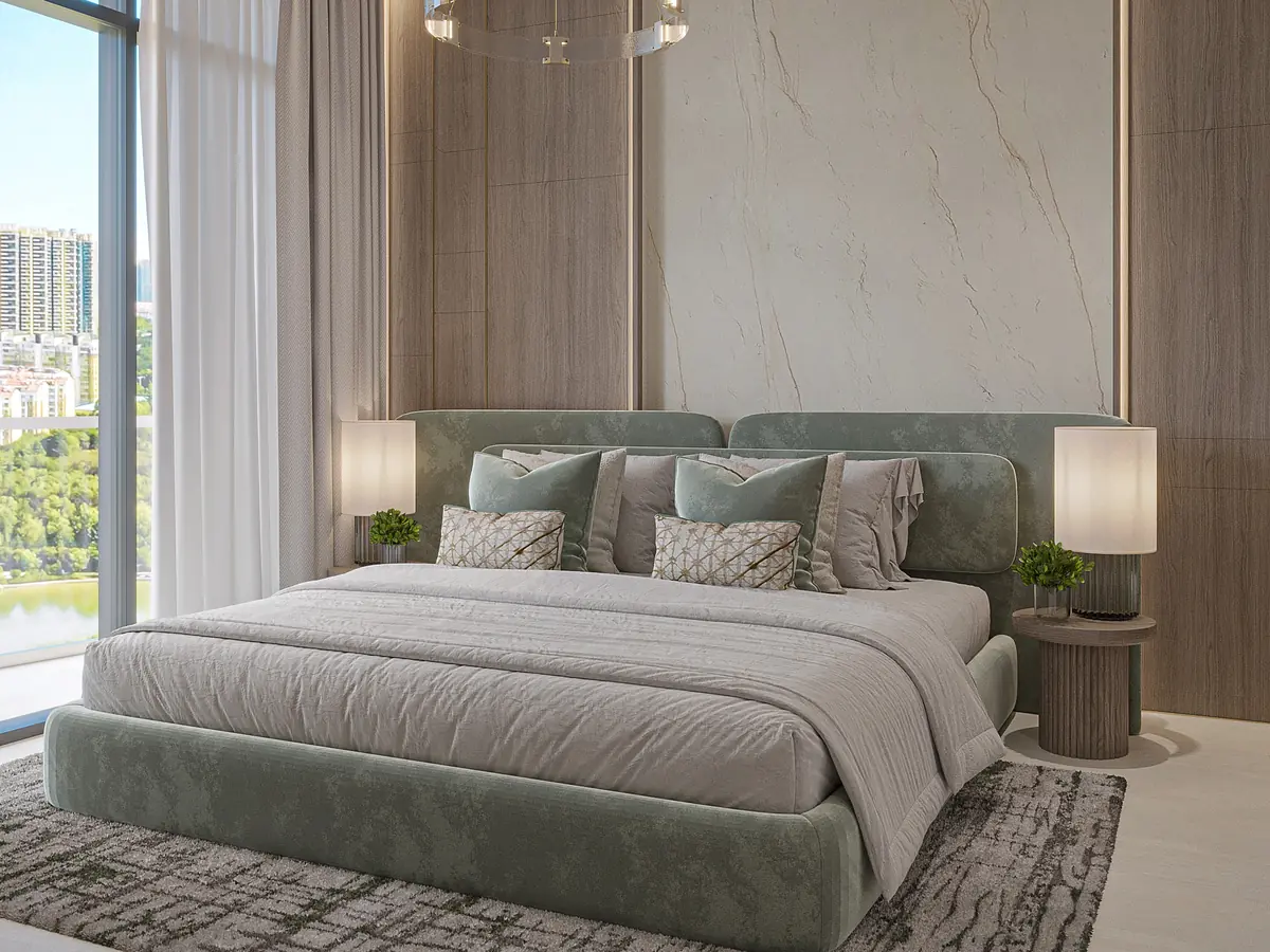 Developer visual: bedroom with full-height glazing