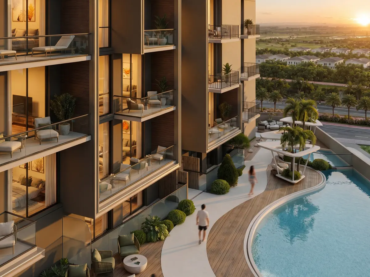 Developer visual: balconies and pool at sunset