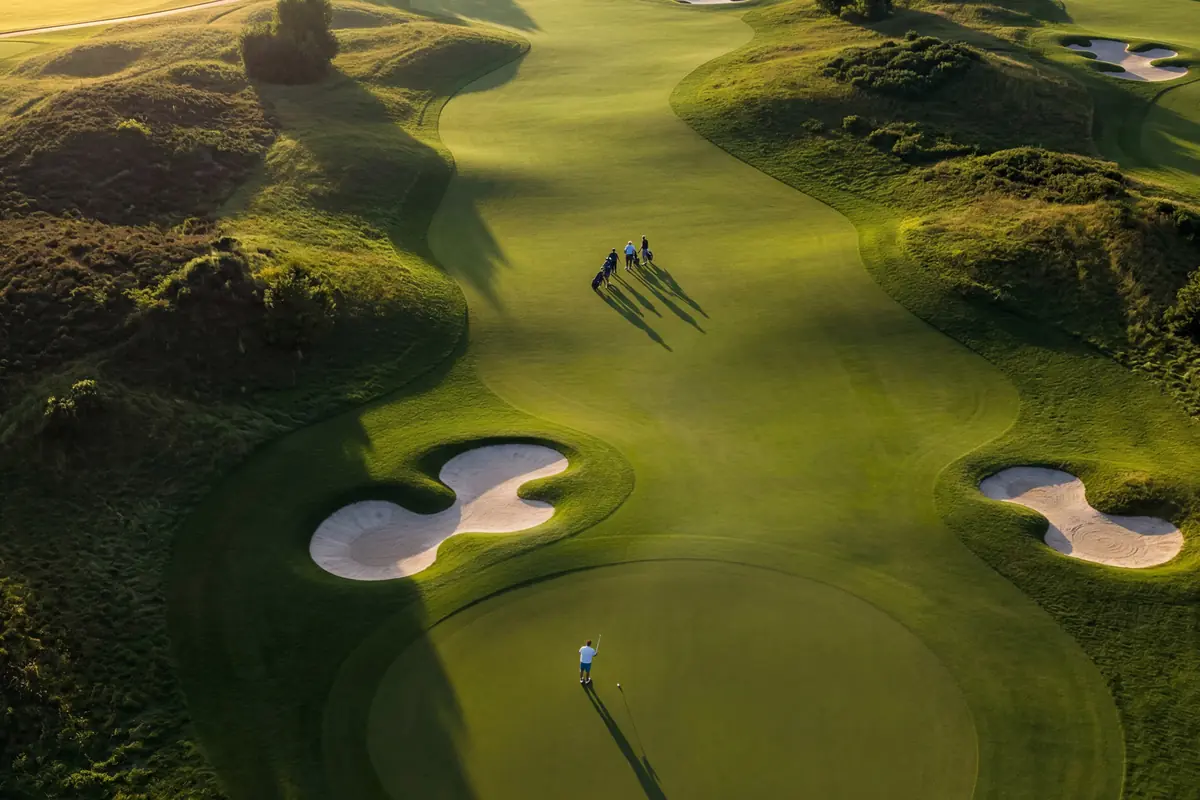 Developer visual: golf fairways and bunkers seen from the air