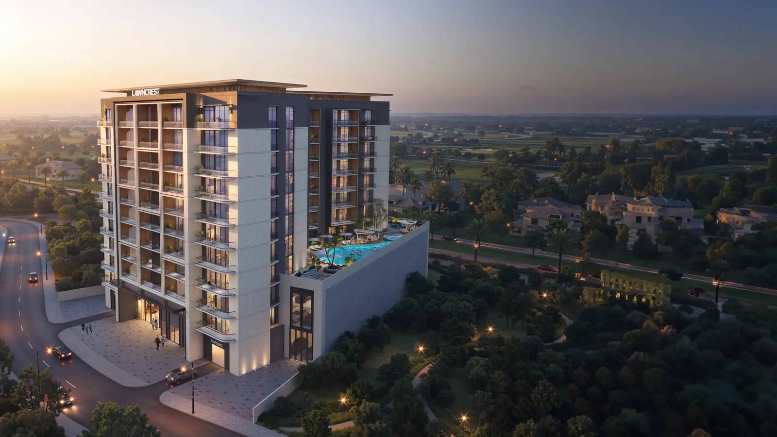Lawncrest by Zimaya, visuel du promoteur : la résidence au crépuscule, face aux fairways de Jumeirah Golf Estates
