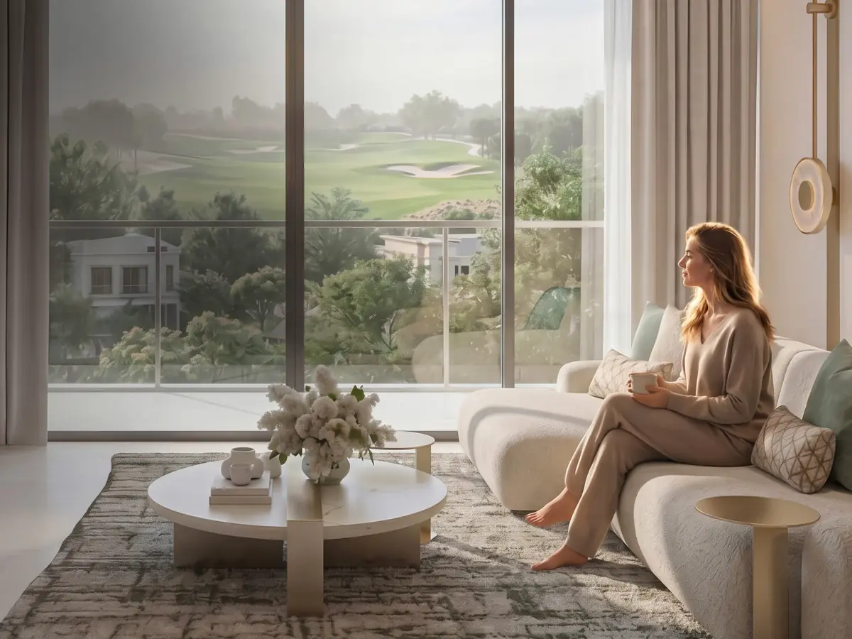 Developer visual: living room opening onto the golf course through floor-to-ceiling windows